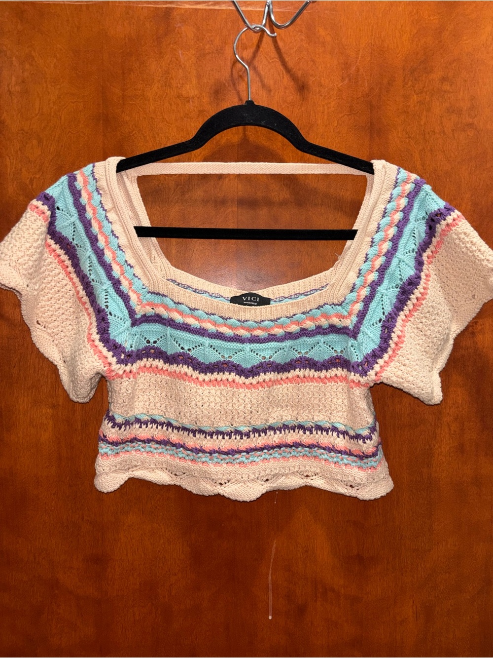 VICI Cream Crochet Crop Top with Pastel Blue, Pink & Purple Stripes